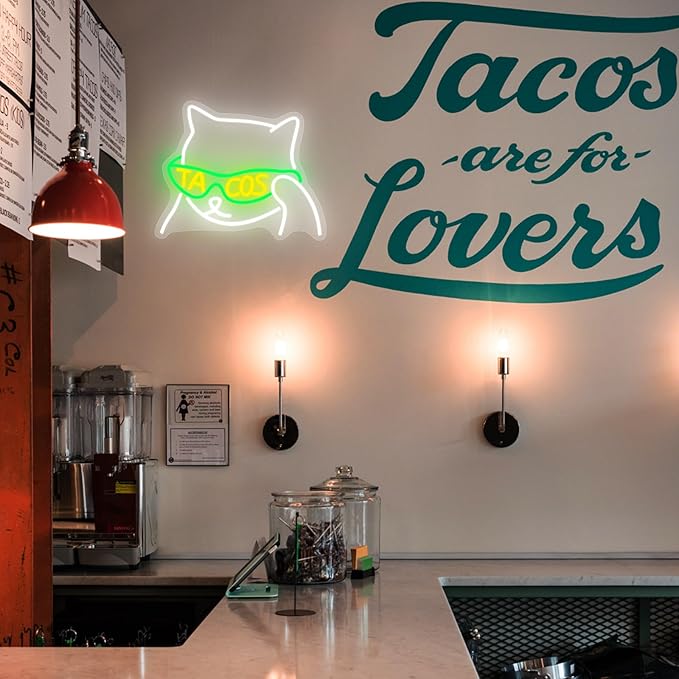 Tacos Sunglasses Cat Neon Sign, Anime Neon Signs for Wall Decor, Dimmable Led Signs for Bedroom, Cool Cat Light Up Signs for Mexican Restaurant Bar Beer Man Cave Party Decorations Gifts