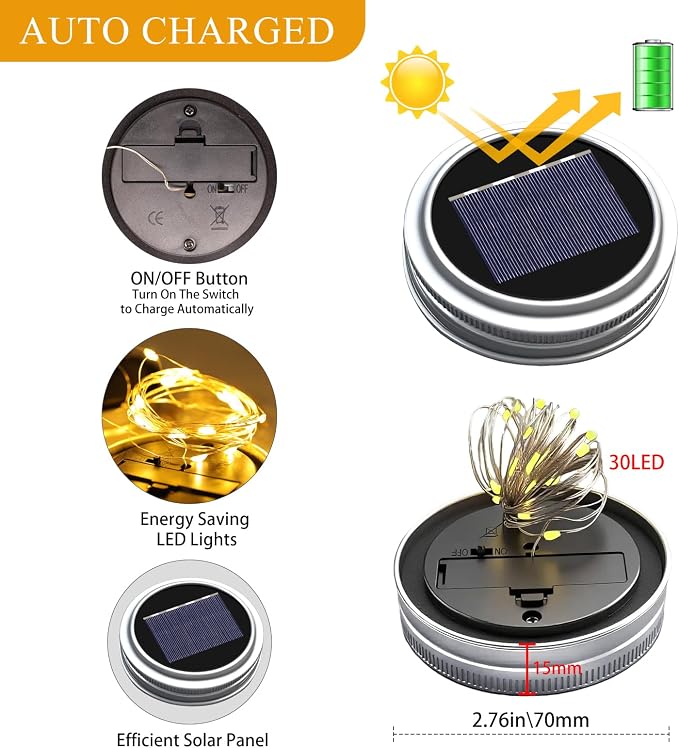Mason Jar Solar Lights for Outside, 12 Pack 30 LED(NO JARS) Fairy Firefly Lights Mason Jar Solar Lids Outdoor Waterproof String Lights with Hangers for Patio Garden Yard Lawn Decor - Warm White