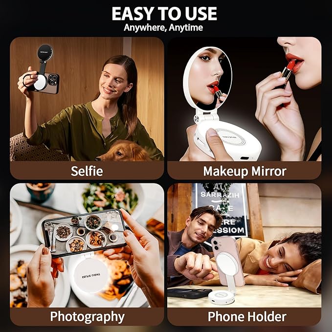 Magnetic Selfie Light for MagSafe iPhone: 3 Light Modes, Rechargeable 360° Rotatable LED Phone Ring Fill Light with Mirror for Photography, Makeup, TikTok, Zoom, Video Conference, Black