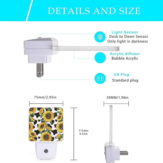 Sunflowers Night Light,Cow Print Night Lights Plug into Wall Dusk to Dawn Sensor Led Lamp for Women Men,Led Lights for Stairway/Hallway/Bedroom,0.5W