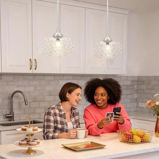 Brushed Nickel Pendant Lights Kitchen Island, Modern Hammered Glass Kitchen Pendant Lighting Over Island, Hanging Bathroom Light Fixtures Adjustable Pendant Light for Hallway Entryway Dining Room
