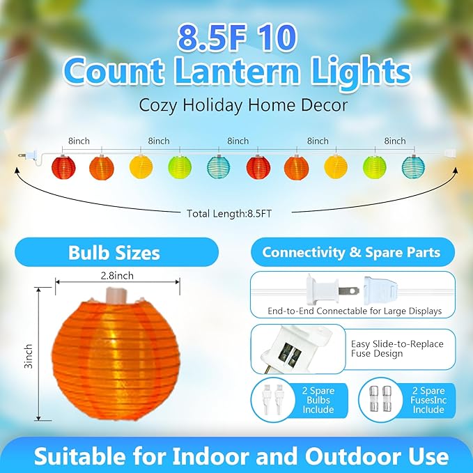 8.5Ft Multicolor Lantern String Lights, Summer Hanging String Lights with 10 Colorful Lanterns, Nylon Lights for Indoor Outdoor Party Decor, White Wire