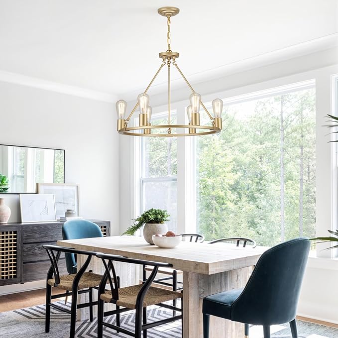 6-Lights Gold Chandelier | Dia 24'' Farmhouse Wagon Wheel Chandelier | Rustic Hanging Dining Room Light Fixture | Apply to Living Room | Kitchen Island | Entryway | Foyer