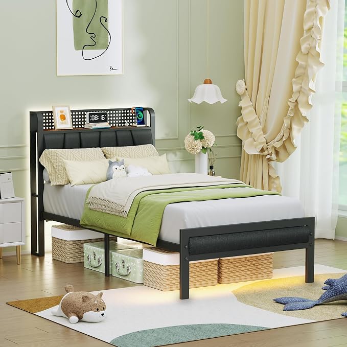Twin Size Bed Frame with Storage Shelf and Upholstered Headboard | Metal Platform Bed with LED Light, Charging Station and Heavy Duty Slats, No Box Spring Needed, Noise Free & Easy Assembly