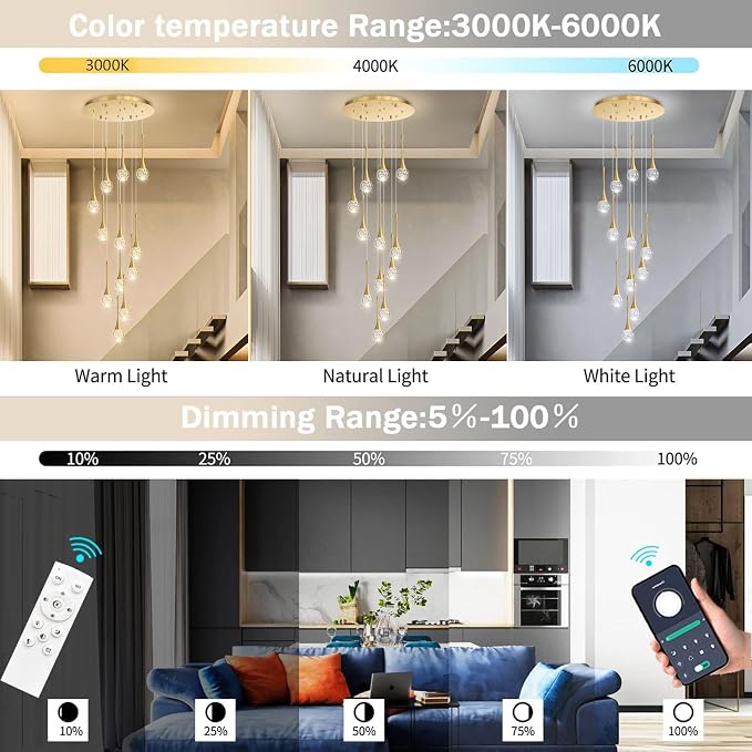 118 inches Modern Glam Crystal Chandelier for High Ceiling LED Dimmable Ceiling Pendant Light Staircase Foyer Enterway Living Room Chandelier Lighting Antique Gold 12 Lights