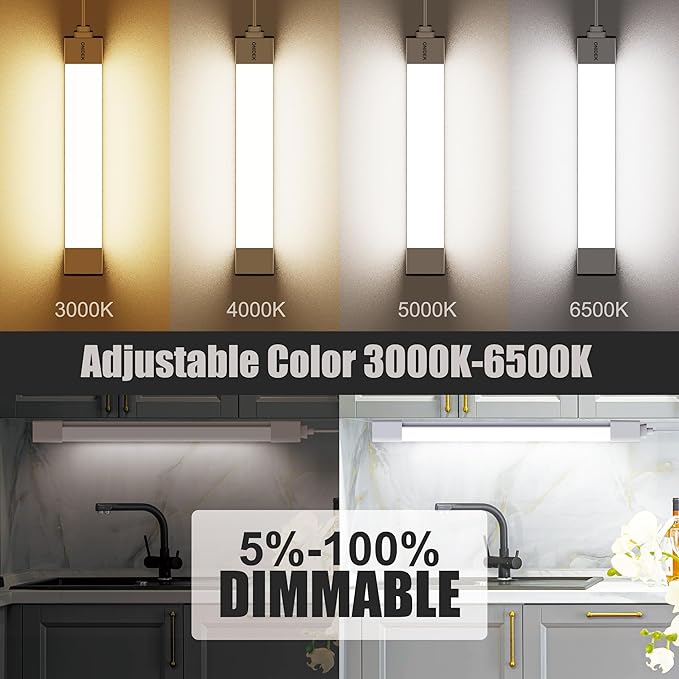 ONIDEK Under Cabinet Lights with Plug. 3000K-6500K Dimming and Color. with Wireless Control Panel and Remote Control.18W 1800LM for Garage, Kitchen, Bathroom, Closet, Office (24 inch-2pcs)