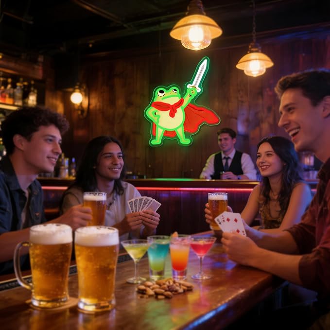 Frog Neon Sign, Frog with Sword LED Neon Lights Signs for Game Room Decor | UV-Printed Frog Warrior Art with Adjustable Brightness for Man Cave,Game Rooms,Bedrooms,Bar,and Frog Lover Gifts-USB Powered