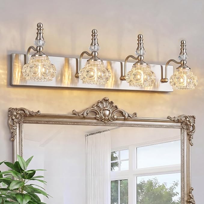 Modern Glass Crystal Vanity Light - Vintage Bathroom Lighting Fixtures Over Mirror, 4 Light Vanity Lights G9 Bulb (27.55 Inch, Nickel)