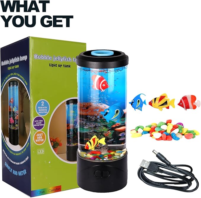 Mini Bubble Fish Lamp,Fake Fish Tank Aquarium Lamp,Multi-Color Changing Aquarium Light with 3 Artificial Fish Night Lights-for Home Office Living Room Decor for Kids Men Women