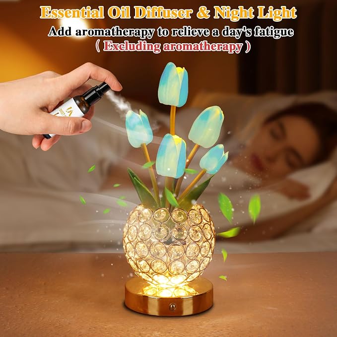 Birthday Gifts for Women Mothers Day Gifts/for Mom Tulip Table Lamp | 3 Color Crystal Flower Bedside Lamps Infinitely Dimming with USB Charge Small Night Light,Night stand Touch Lamp(Blue-tulip)