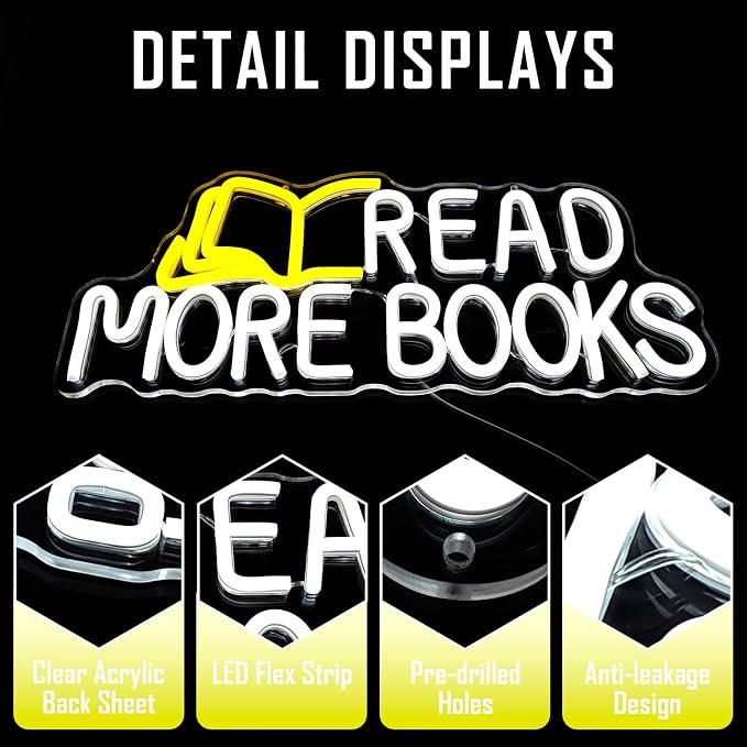 Read More Books Neon Sign Read Neon Light for Classroom Dimmable Led Light Up Sign for Bedroom Bookstore Reading Room Library Museum Study Room Decorations