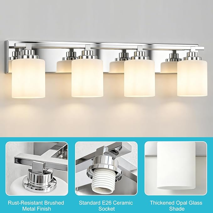 Modern Bathroom Lighting Fixtures Over Mirror, Vanity Lights for Bathroom, Wall Sconces with Milky White Glass Shades, E26 Ceramic Socket, 4-Light 27.5-inch Chrome