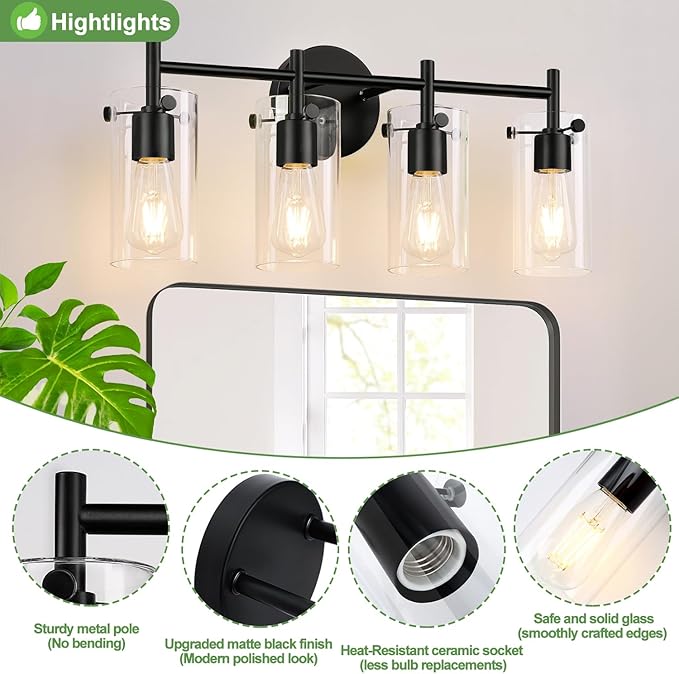 4-Light Matte Black Bathroom Vanity Light Fixtures, Clear Glass Shade Wall Sconces for Mirror, Bedroom, Living Room, Hallway