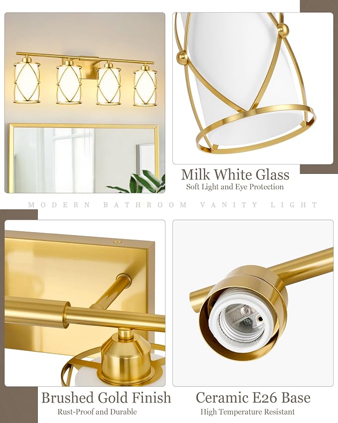 4-Light Brushed Gold Bathroom Light Fixtures with Milk Frosted Glass, 29" Modern Bathroom Vanity Lighting Fixtures Over Mirror with Metal Cage, Wall Sconce Lights for Bath, E26, CH9176BGW-4W