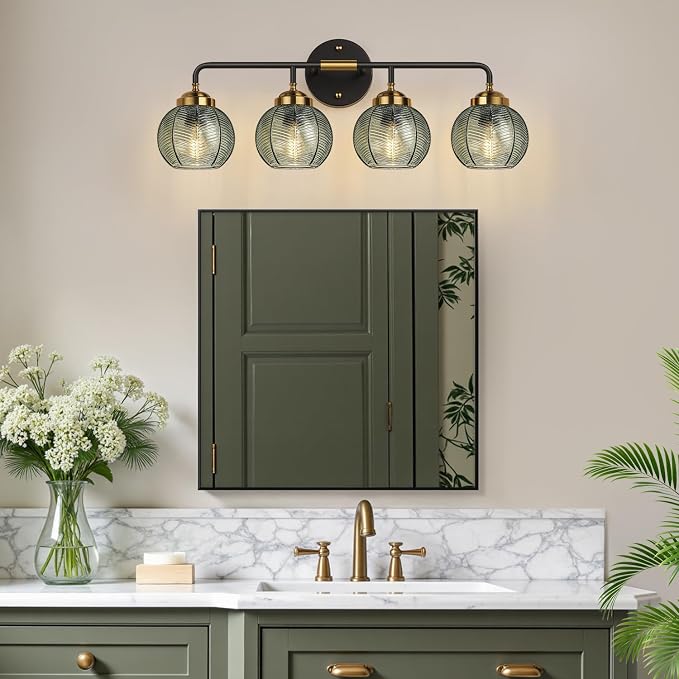 MOKATNG Bathroom Light Fixtures, 4-Light Green Vanity Lights with Unique Leaf Texture Glass Shade, Modern Matte Black and Gold Bathroom Wall Lamp for Mirror Hallway Cabinet Living Room