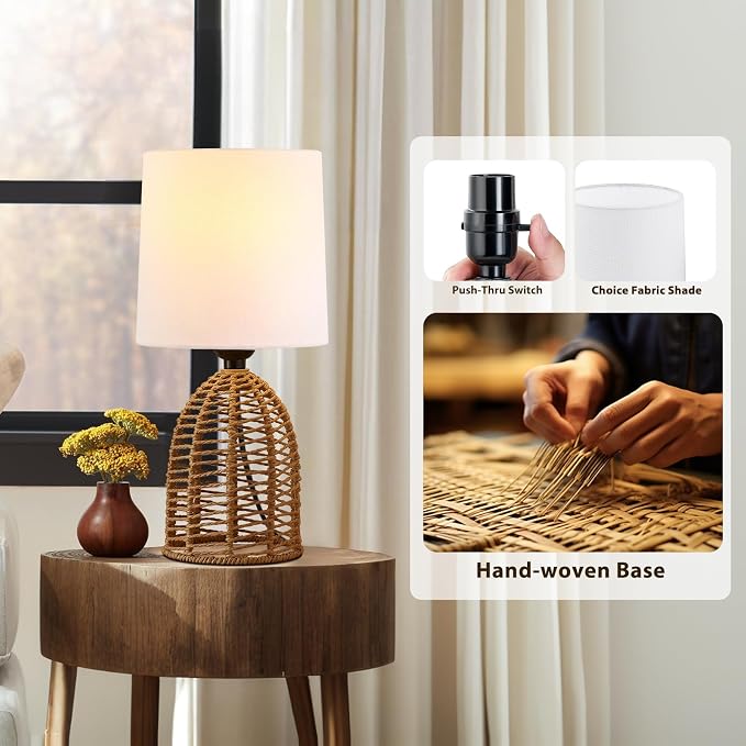 EJIAXIN Rattan Lamp Boho Lamps Set of 2-13.75" Mini Farmhouse Table Lamp Rustic End Table Decorative Small Lamps for Small Spaces Bedroom Nightstand Living Room Reading Desk Side Table Lamp