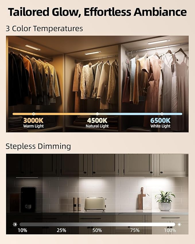 EZVALO Under Cabinet Lighting, 2000mAh Rechargeable Motion Sensor Lights Indoor, LED Dimmable Closet Lights, 3 Color Temps with Battery Indicator, Under Counter Lights for Kitchen, Stair