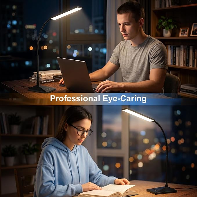 LED Desk Lamp, Eye-Caring Desk Light | 7W 390LM ,5 Color Modes & Stepless Dimming, 360° Flexible Gooseneck Touch Control Table Lamp for Bedroom Bedside Study Black