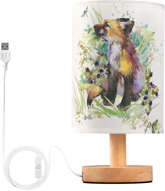 Table Lamp Fox Animal Dragonfly Frog in Floral Grass Woodland Nightstand Lamp with Wood Base Fabric Lamp Shade Bedside Desk Lamp for Living Room Bedroom Kids Room Office