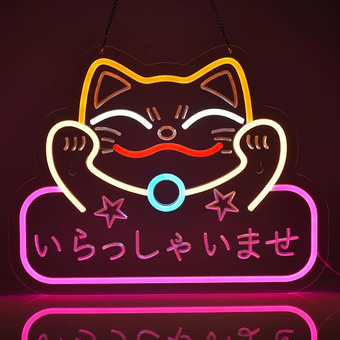Japanese Welcome Neon Sign Fortune Cat Wall Decor Dimmable Led Neon Lights Japanese Style いらっしゃいませ Neon Billboard for Restaurant Shop Store Window USB Powered 16.1" x 12.6"