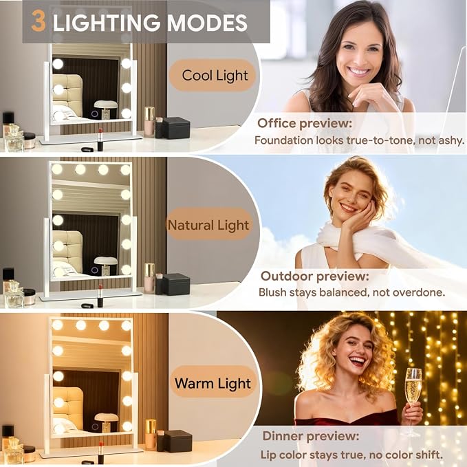 Hollywood Vanity Mirror with Lights 14" x 19", 10x Magnifying, 12 LED Bulbs, 3 Color Lights and 360° Rotation Desk Lighted Makeup Mirror for Bedroom Dresser College Dorm