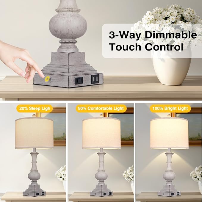 26" Tall Farmhouse Table Lamp for Bedroom, Vintage Touch Control Bedside Lamp for Living Room with USB A/C Charging Ports & AC Outlets,Rustic 3-Way Dimmable Nightstand Lamp for Side Table Antique Gray