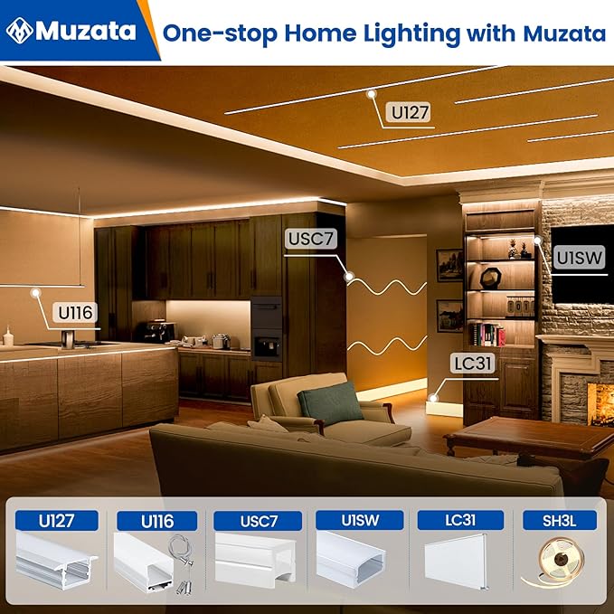 Muzata 6Pack 3.3FT/1M LED Channel Aluminum U Shape Silver LED Strip Diffuser Channel with Milky White Cover Easy Installation U1SW WW 1M