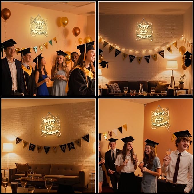 WLHOPE Happy Graduation Neon Sign Led Signs for Graduation Ceremony Wall Decor, Neon Lights Transparent Acrylic Board Sign for Classroom Dorm School Bedroom Decoration Gifts for Teens