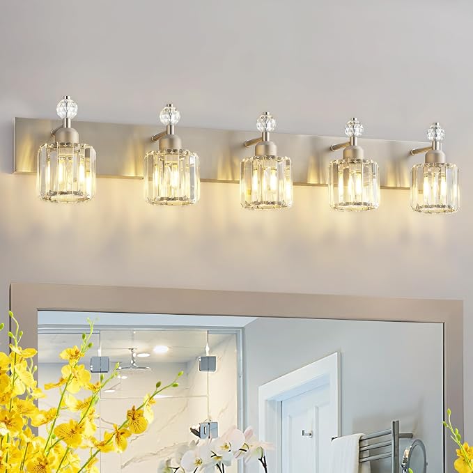 PRESDE Modern Crystal 5-Light Bathroom Light Fixtures Brushed Nickel Vanity Light for Bath Wall Lighting Over Mirror
