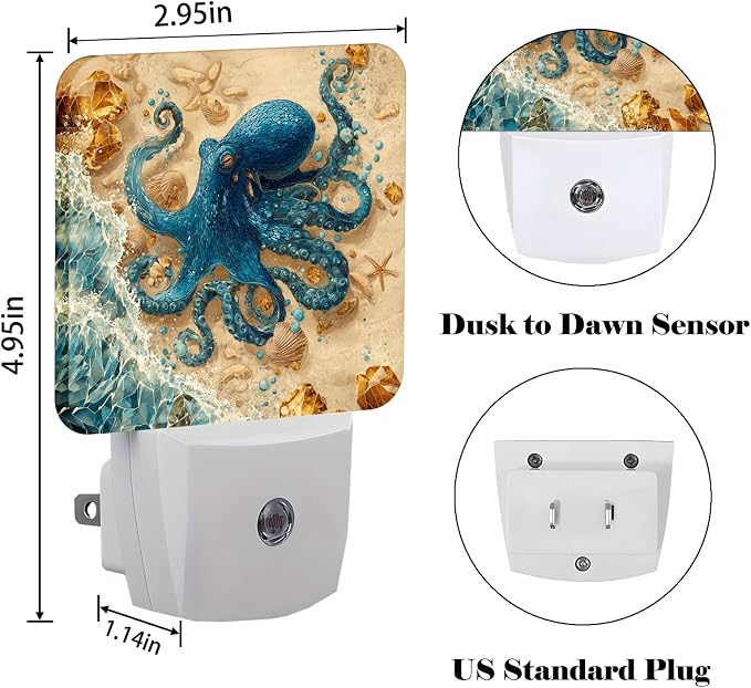 Octopus on Beach Night Light,Plug-in Night Lights with Dusk-to-Dawn Sensor for Stairway,Hallway,Bedroom Sleep Friendly Ideal for Women/Girls/Boys Gift,0.5w