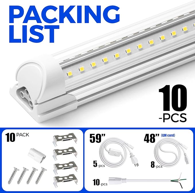 Barrina LED Shop Lights, 8FT 72W 10000LM 5000K, Daylight White, V Shape, Clear Cover, High Output, Linkable, T8 LED Tube Light, for Garage 8 Foot with Plug (Pack of 10)