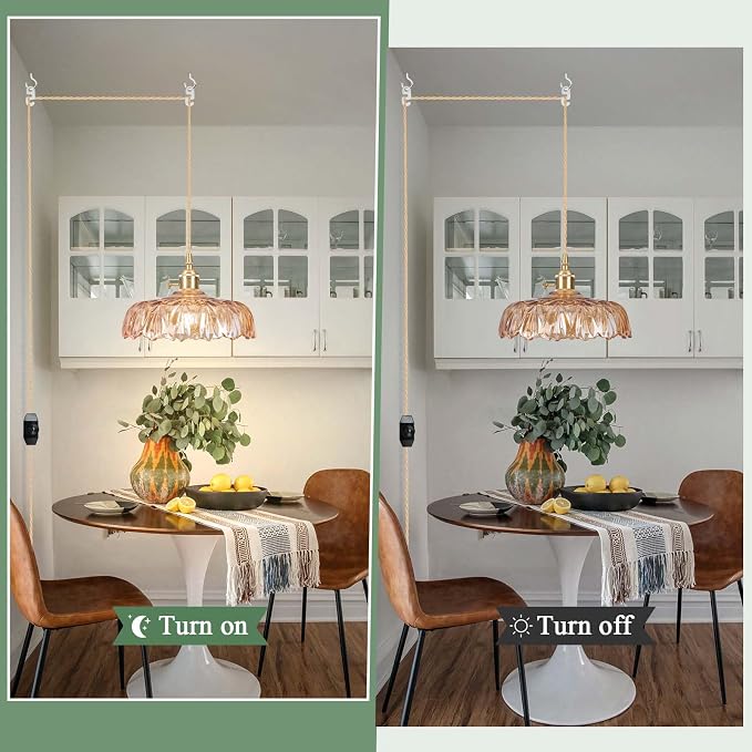 Plug in Pendant Light Fixtures,Amber Glass Lampshade Pendant Lighting 9.4in E26 Hanging Light FixtureCorded On/Off Switch for Kitchen Island, Bedroom, Dining Room