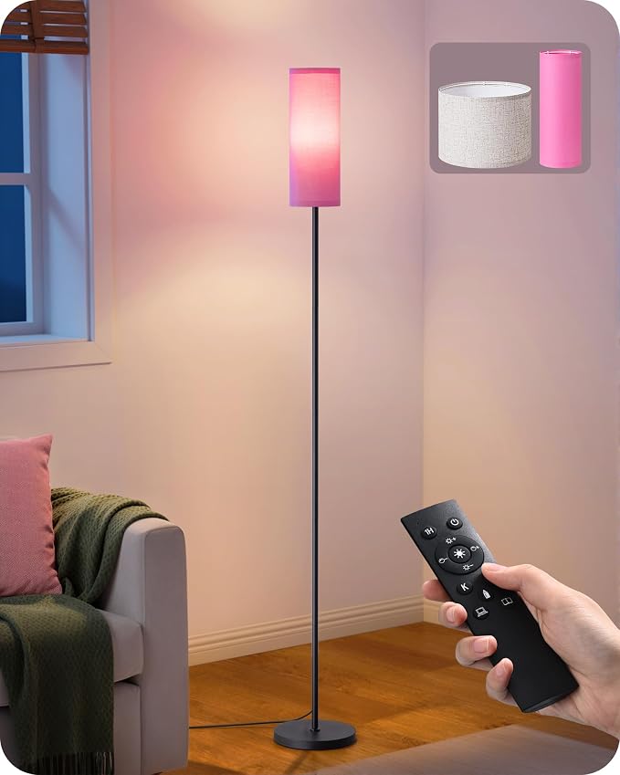 EDISHINE 2 Lampshades Modern Floor Lamps for Living Room Pink | 63.7", Remote Control, Foot Switch, 2700-6000K Dimmable, 9W Bulb Included, Minimalist Standing Lamp for Bedroom, Office