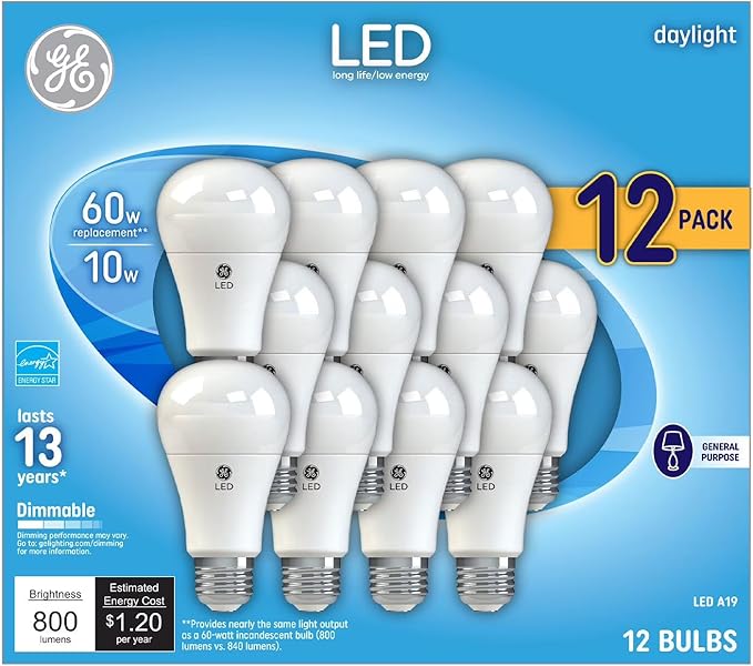 GE Daylight LED 60W Equivalent General Purpose A19 Light Bulbs (12 Pack)
