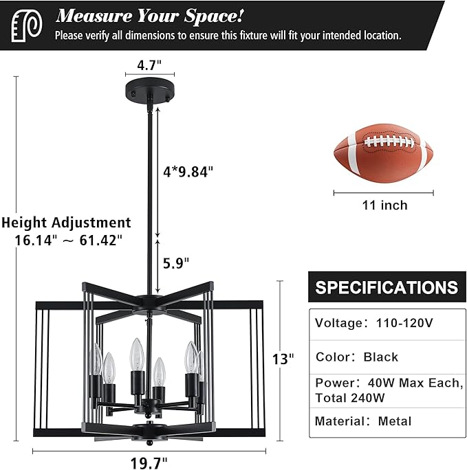 LASENCHOO Modern Black Chandelier for Dining Room Light Fixture, 6 Lights Geometric Pendant Lights Kitchen Island, Industrial Metal Chandeliers for Entryway Kitchen Living Room Foyer Lighting Fixtures