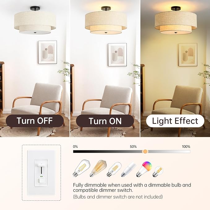 4-Light Semi Flush Mount Ceiling Light, 19.7" Double Drum Ceiling Light | 2-Tier Fabric Linen Shade Design, Modern Style, Black Ceiling Light for Dining Room, Living Room, Bedroom, Hallway, Entryway