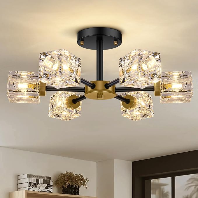 Black Modern Chandelier, 6-Light Crystal Semi Flush Mount Ceiling Light Fixture, 17.3" Farmhouse Kitchen Pendant Light with Cube Shade, Industrial Sputnik Chandeliers for Dining Room, Bedroom