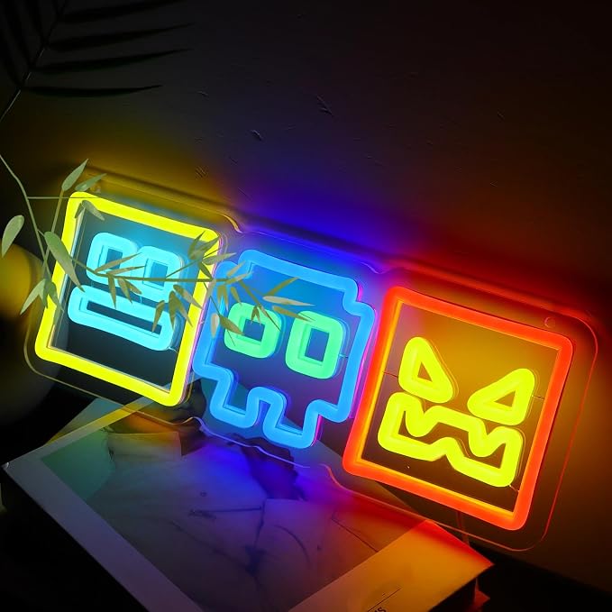 Colorful Arcade Geomotry Cube Neon Sign Rhythm Platform Game | USB Powered Dimmable Neon wall decor for game room, bedroom, streamer setup gift for rhythm platform game lovers 14*5 inch