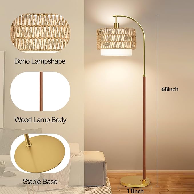 ZECOXOL Boho Floor Lamps for Living Room Wood Floor Lamp with Remote Control,Dimmable Rattan Floor Lamps Farmhouse Gold Standing Lamp with 3 Color Temperature Tall Arc Floor Lamp for Bedroom Corner