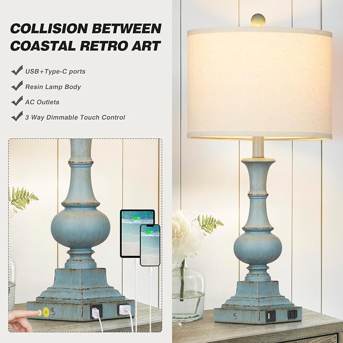 26" Farmhouse Table Lamps Set of 2, Rustic Touch Control Bedside Lamps with 2 USB Ports & AC Outlet, Vintage Resin 3-Way Dimmable Nightstand Lamp Linen Fabric Shade for Living Room Bedroom Decor Blue