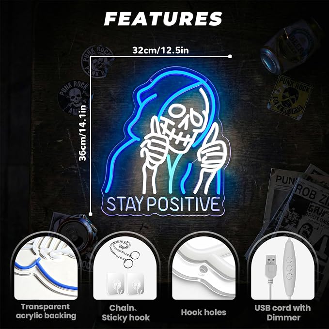 STAY POSITIVE Neon Sign Wall Decor, Motivational Skeleton‌ Lights up, Inspirational LED Sign Halloween Party Decorations for Man Beer Bar Man Cave Pub Garage Workshop