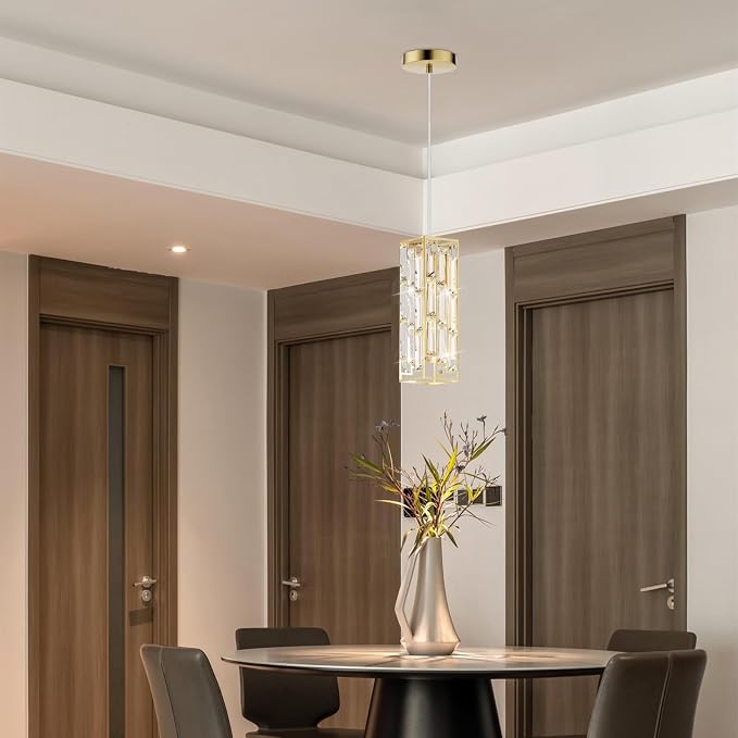 Modern 1-Light Crystal Pendant Light Kitchen Island, Brass, 2-Pack | Mini Crystal Chandeliers, Height Adjustable Cord, Ceiling Hanging Lighting for Kitchen Island Dining Room Bedroom