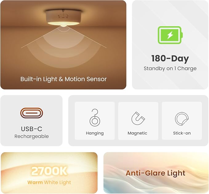 YEELIGHT Night Light, Motion Sensor NightLights for Kids, USB-C Rechargeable Magnetic with Auto Dusk to Dawn&Warm White, Nursery Night Light, LED Closet Light for Bedroom, Hallway, Stairs, Under Bed
