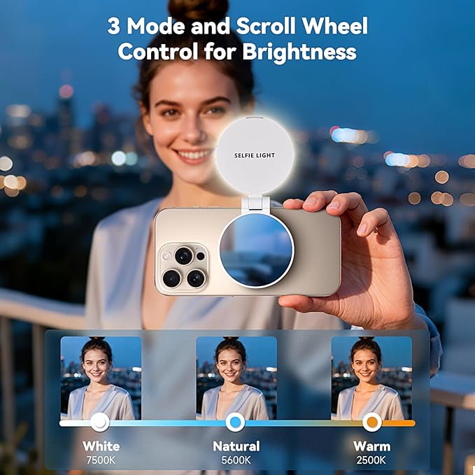 Portable Magnetic Led Selfie Light, Rechargeable Portable Ring Light for Phone, Selfie Ring Light with Mirror for Phone Folding Video Makeup Live Vlog Fill Light White