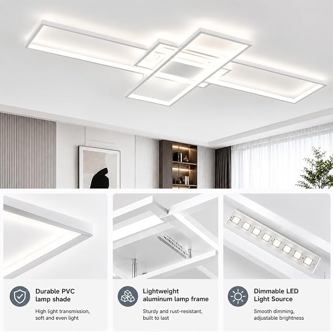 GEADI 60.2" Extra Large Modern LED Ceiling Light, Dimmable Chandelier | 112W White Geometric Flush Mount Ceiling Lamp with Remote, 3000K-6500K Dimming, Memory, Chandelier for Living Room
