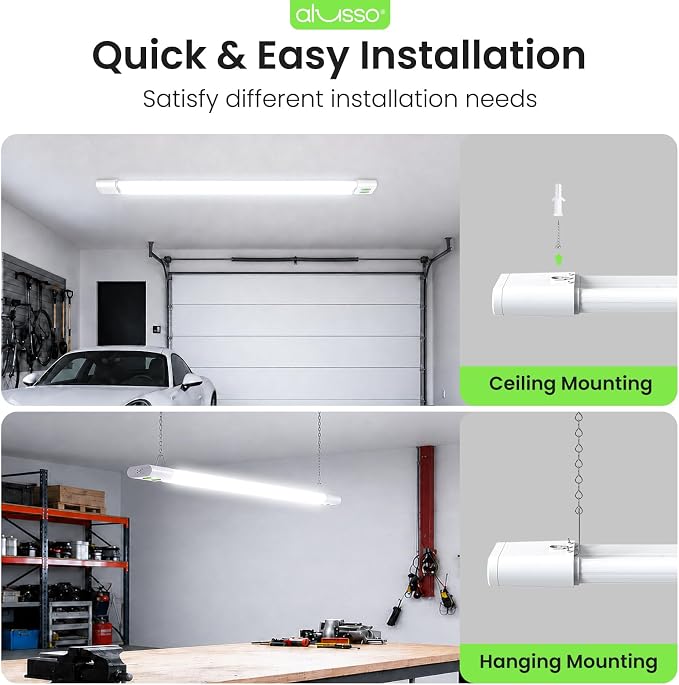 ALUSSO® 4FT Linkable LED Shop Lights, 6000LM 30W/45W/60W, 5CCT 2700K/3000K/4000K/5000K/6500K, 120V Integrated Fixture for Garage, Hanging or Surface Mount, 2 Pack