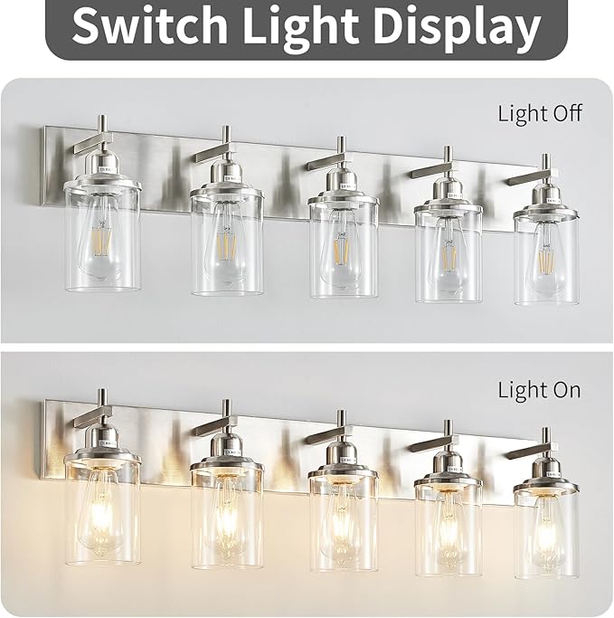 5-Light Brushed Nickel Bathroom Light Fixture Over Mirror Modern Bathroom Vanity Light Vintage Wall Lighting with Clear Glass Shade for Bathroom, Bedroom, Hallway, Cabinet