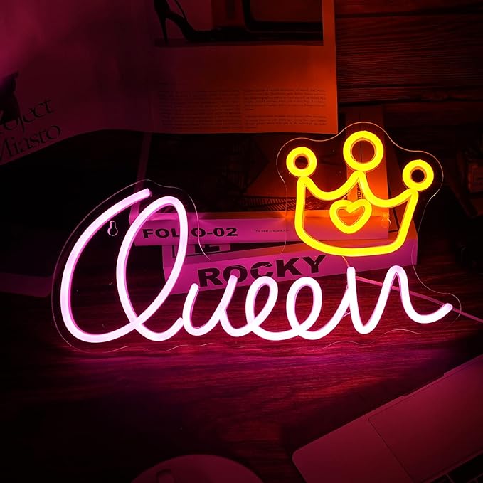 Queen Neon Sign Crown Neon Lights Dimmable USB Powered 16.5’’X9.3’’ Light Up Sign for Girls Room Birthday Party Bedroom Lady Gifts Wall Decor（Pink Yellow）