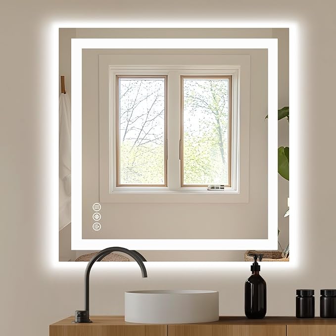 NEWBULIG 36X36 Inch LED Bathroom Wall Mirror with Lights, Light up Vanity Bathroom Mirror for Over Sink, Anti-Fog and Dimmable, Front Light and Backlit, Memory Function, Shatter-Proof, White