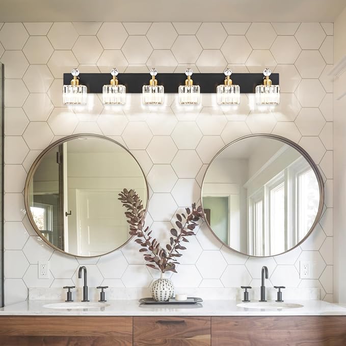 PRESDE 6-Light Crystal Bathroom Lights Fixtures Modern Black and Gold Wall Lamp for Bath Bedroom Hallway